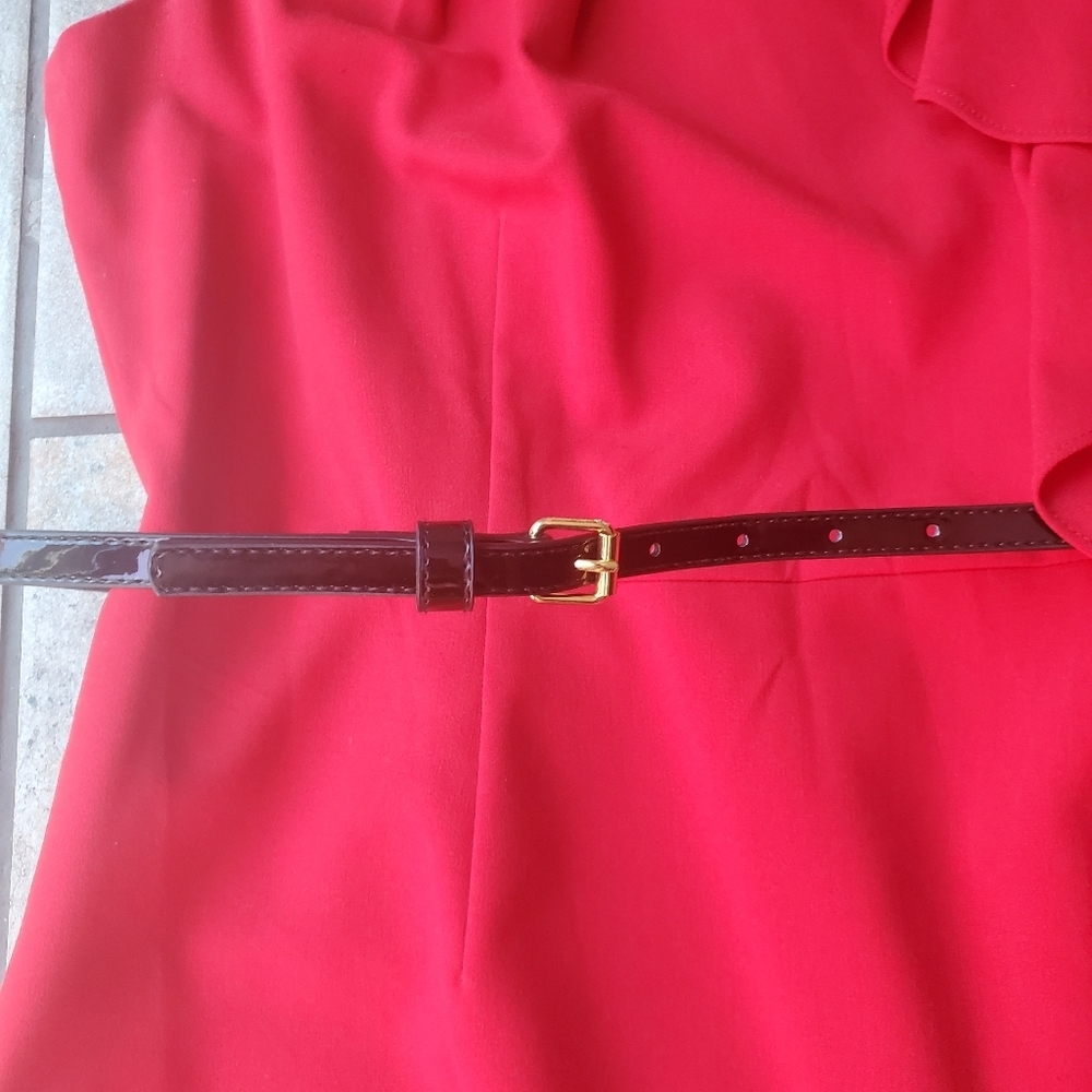 Calvin Klein Red Sheath Dress Slit Ruffle Black Belt Preppy Work Classic Office - Picture 6 of 11